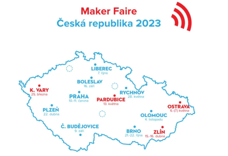 Mapa České republiky s městy a termíny Maker Faire 2023