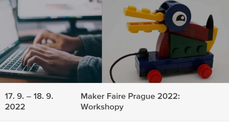 Grafika workshopů Maker Faire Prague 2022 s člověkem u notebooku a barevným vláčkem