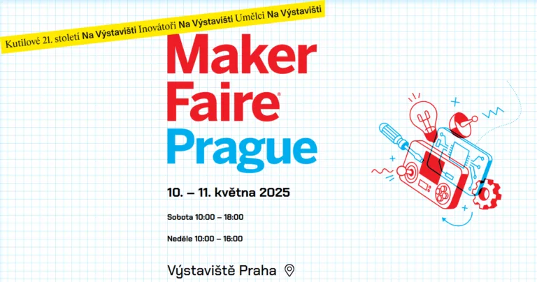 Grafika Maker Faire Prague 2025 s datem konání a ilustrací součástek