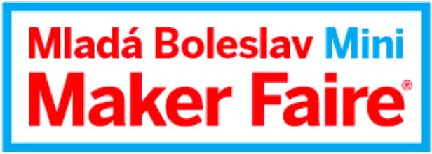 Logo akce Mladá Boleslav Mini Maker Faire v červeném a modrém písmu