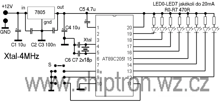 Schéma multiblikače s mikroprocesorem AT89C2051, tlačítky a LED diodami
