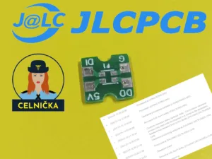 Logo JLCPCB, zelená deska plošných spojů a logo celního portálu Celnicka