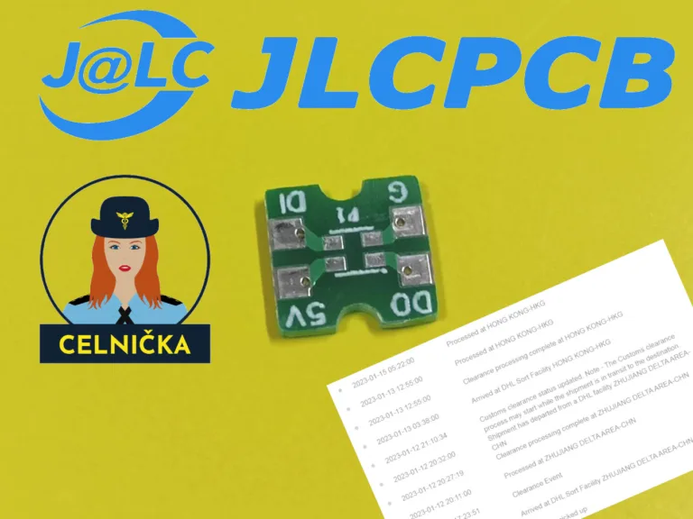 Logo JLCPCB, zelená deska plošných spojů a logo celního portálu Celnicka