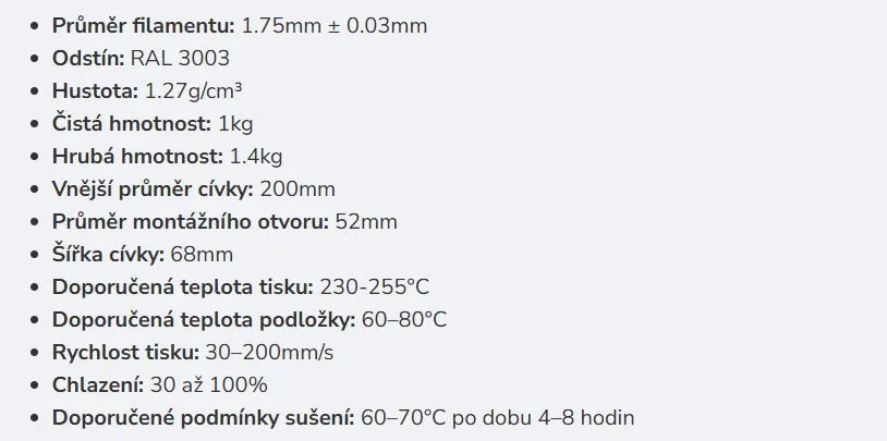 Parametry naKVADRAT PETG filamentu, odstín RAL 3003 a doporučené nastavení tisku