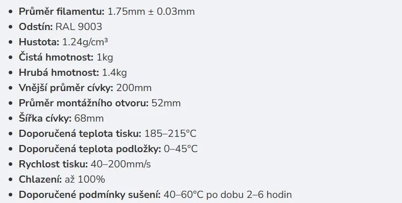 Parametry filamentu naKVADRAT PLA v odstínu RAL 9003
