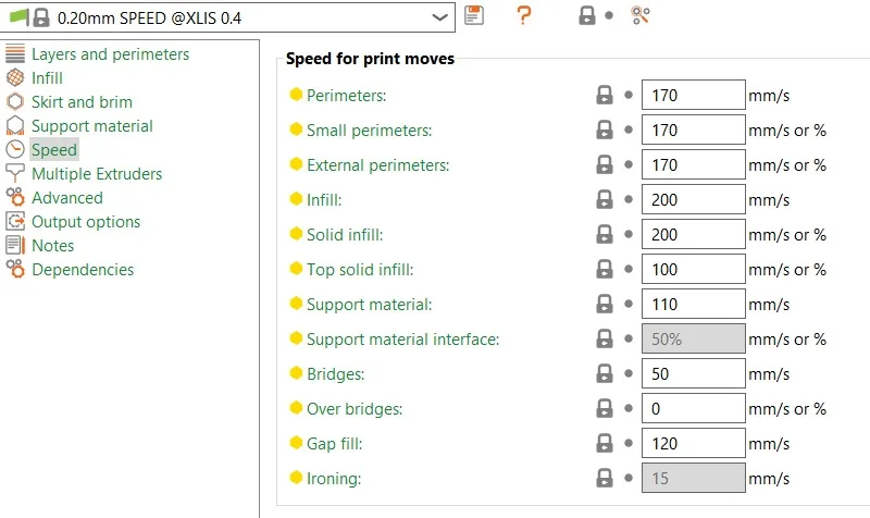 Nastavení rychlostí tisku profilu SPEED pro Prusa XL v PrusaSliceru