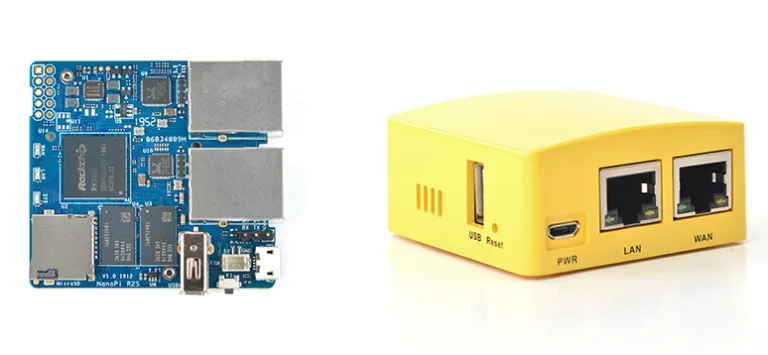 Deska NanoPi R2S a žlutá krabička se dvěma gigabitovými ethernetovými porty