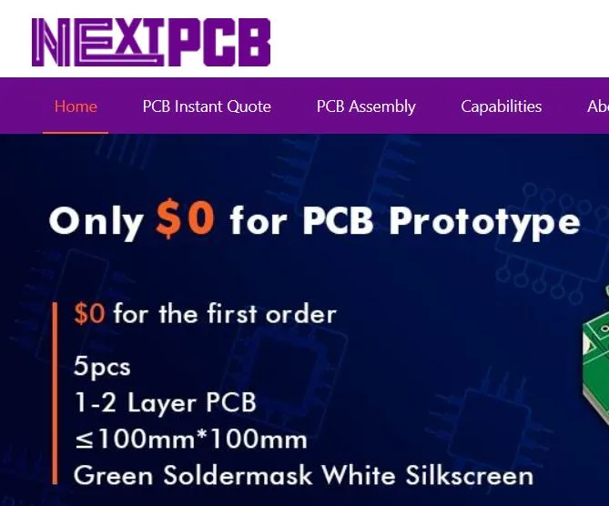 Snímek webu NextPCB propagující výrobu pěti prototypových DPS do 100 × 100 mm