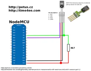 Schéma zapojení NodeMCU ESP8266, senzoru SHT75 a rezistoru 4,7 kΩ