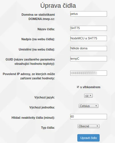 Formulář TMEP.CZ pro úpravu čidla SHT75 připojeného k NodeMCU