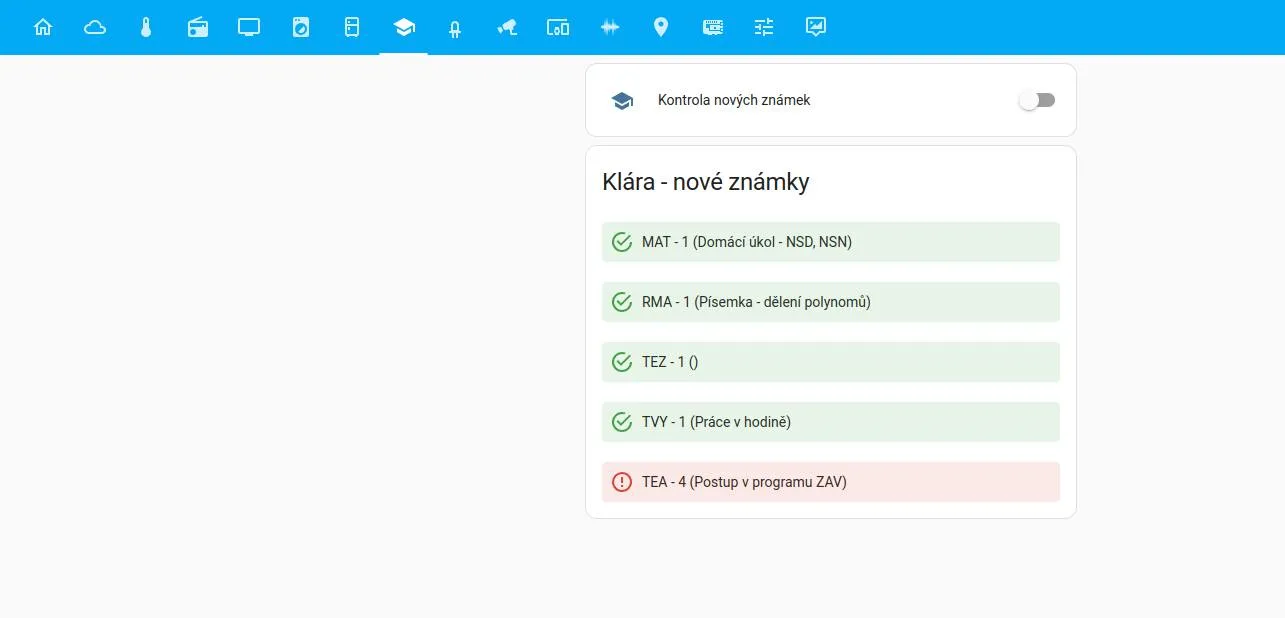 Dashboard Home Assistant zobrazuje nové známky Kláry z Bakalářů