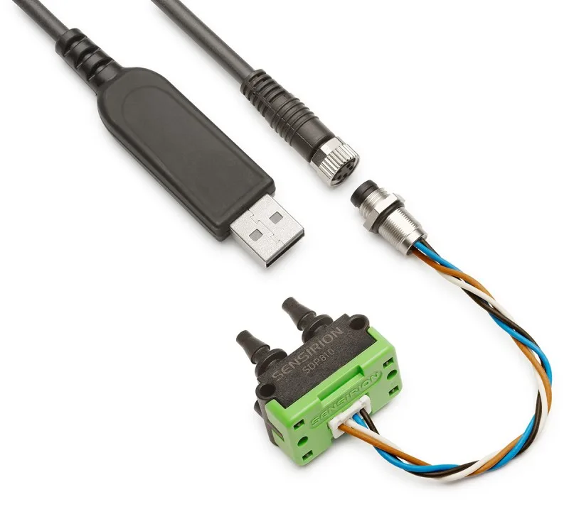 Senzor diferenciálního tlaku Sensirion SDP800 s USB adaptérem a kabelovým konektorem