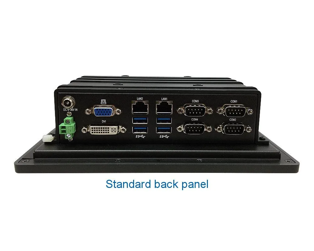 Zadní panel panelového PC s konektory USB, sériovými porty a anténním konektorem