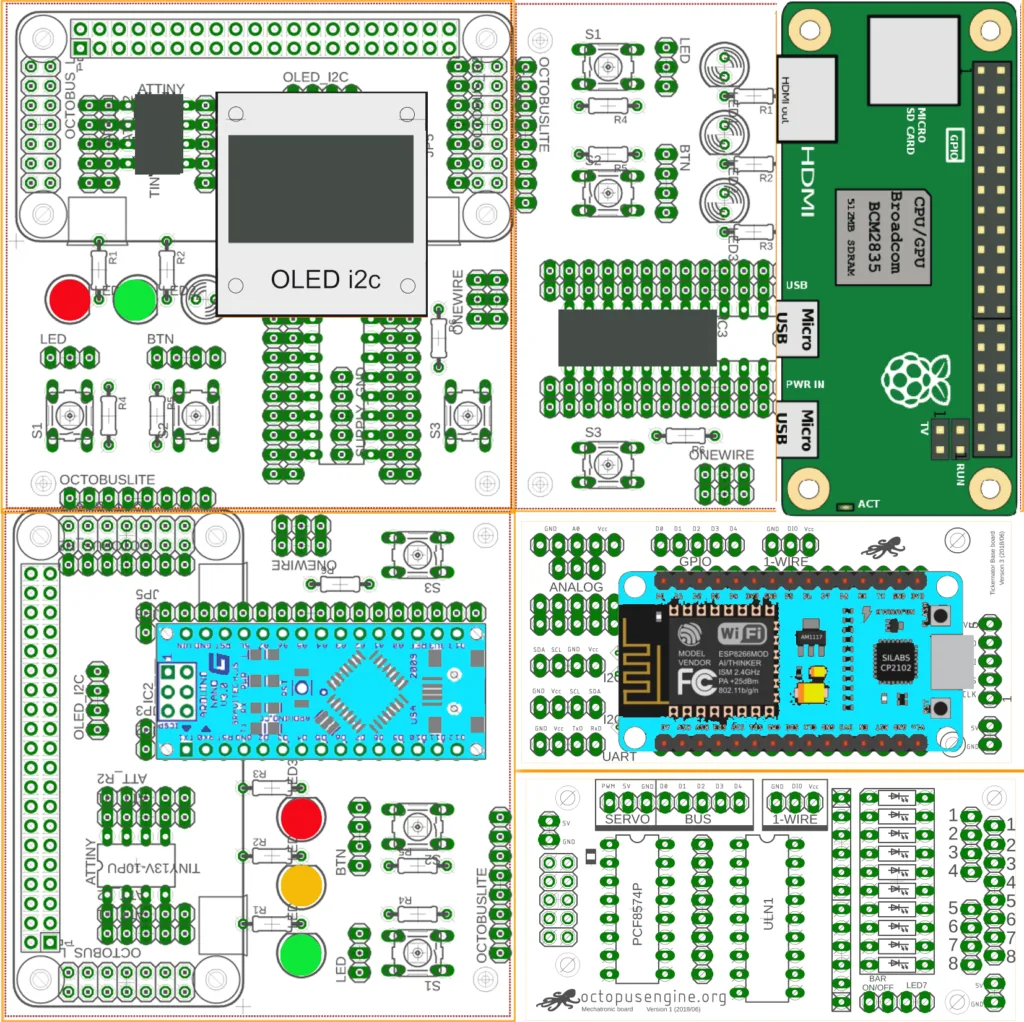 Sada schémat octopusLab desek a modulů, včetně ESP32 a Arduino Nano