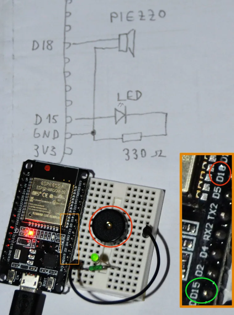 Ruční schéma a návrh ve Fritzing: ESP modul s LED a piezo bzučákem