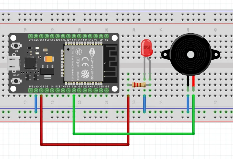 Schéma zapojení modulu ESP s LED diodou a piezo bzučákem v programu Fritzing