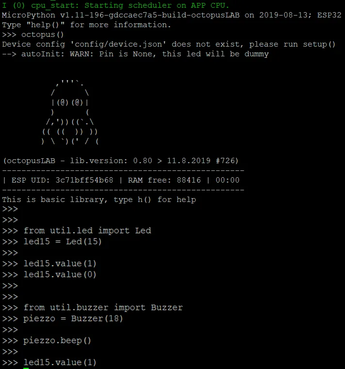 Terminál MicroPythonu na ESP32 s příkazy pro ovládání LED a piezo bzučáku