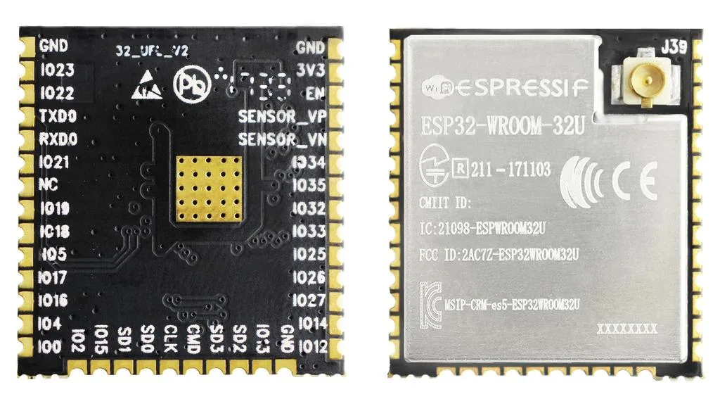 Přední a zadní strana modulu ESP32-WROOM-32U s označením pinů