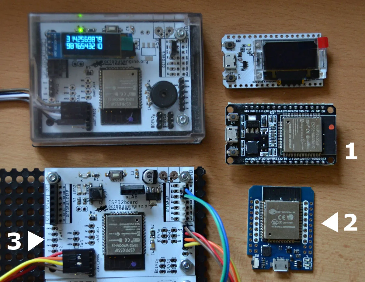 Různé ESP moduly: desky s 2×15 piny, Wemos a octopusLAB ESP32board