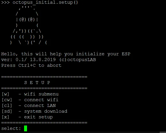 Terminál MicroPythonu OctopusLAB zobrazuje inicializační nabídku ESP s nastavením Wi-Fi a systému