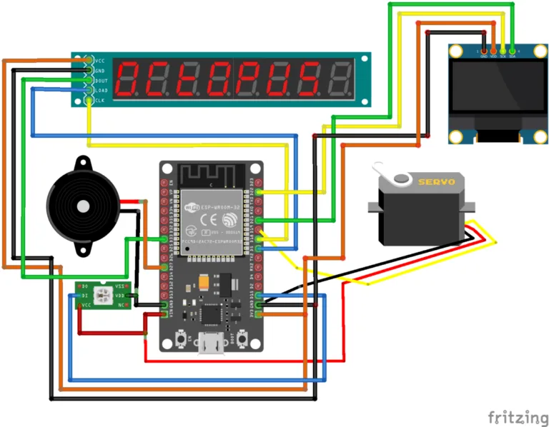 Schéma zapojení desky ROBOTboard s displejem, bzučákem a tlačítky