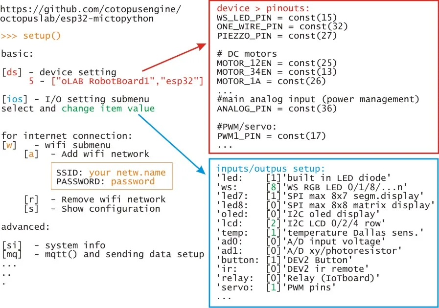Nastavení OctopusLab v MicroPythonu s volbou zařízení, pinů a vstupů a výstupů