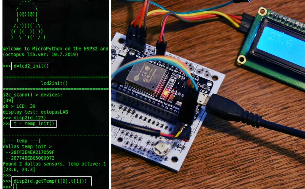 OctopusLab RobotBoard s teplotním čidlem a I2C LCD displejem vedle ukázky MicroPython konzole