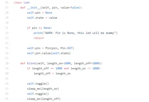 Výřez kódu MicroPythonu pro knihovnu LED, třídu Led a blikání