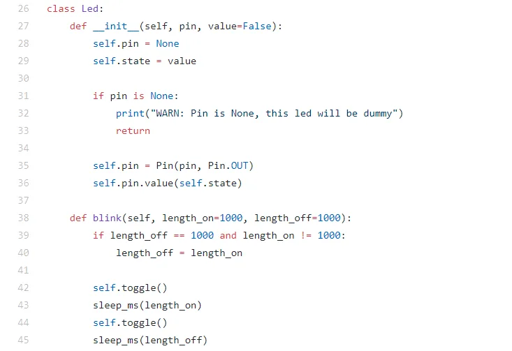 Výřez kódu MicroPythonu pro knihovnu LED, třídu Led a blikání