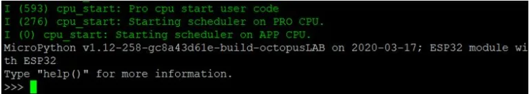 Terminál OctopusLAB zobrazuje spuštění MicroPythonu na modulu ESP32