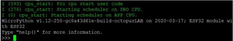 Terminál s výpisem startu OctopusLAB MicroPythonu a promptem ESP32