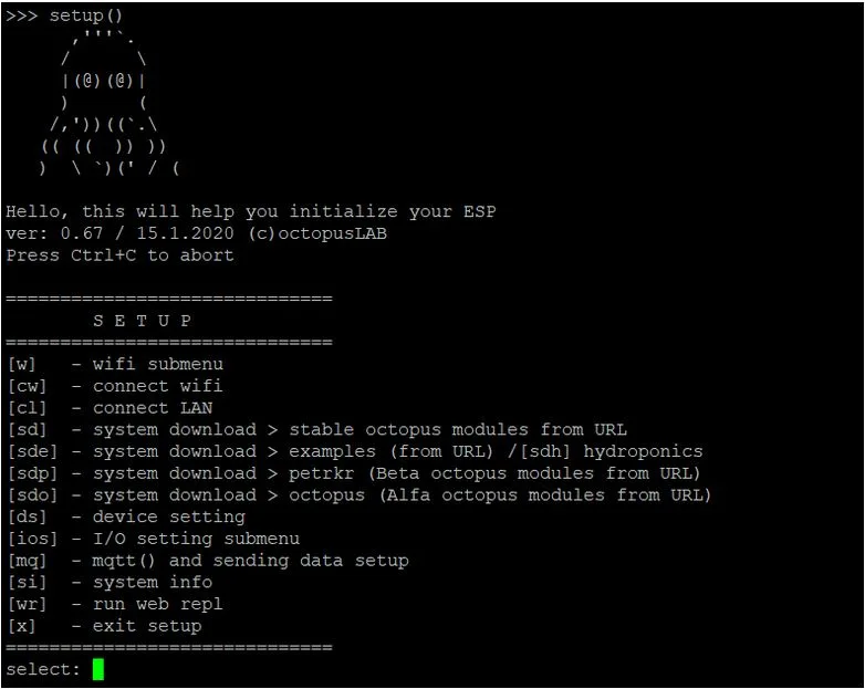 Terminálové menu setup() OctopusLAB pro konfiguraci desky ESP32 a vstupů a výstupů