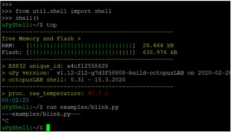 Terminál uPyShell zobrazuje informace o ESP32 a přerušený běh programu blink.py