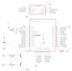 Schéma zapojení modulu ESP-WROOM-32 s externí pamětí ESP-SPRAM