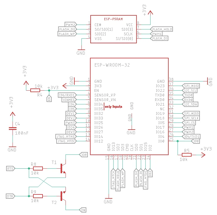 Schéma zapojení modulu ESP-WROOM-32 s externí pamětí ESP-SPRAM