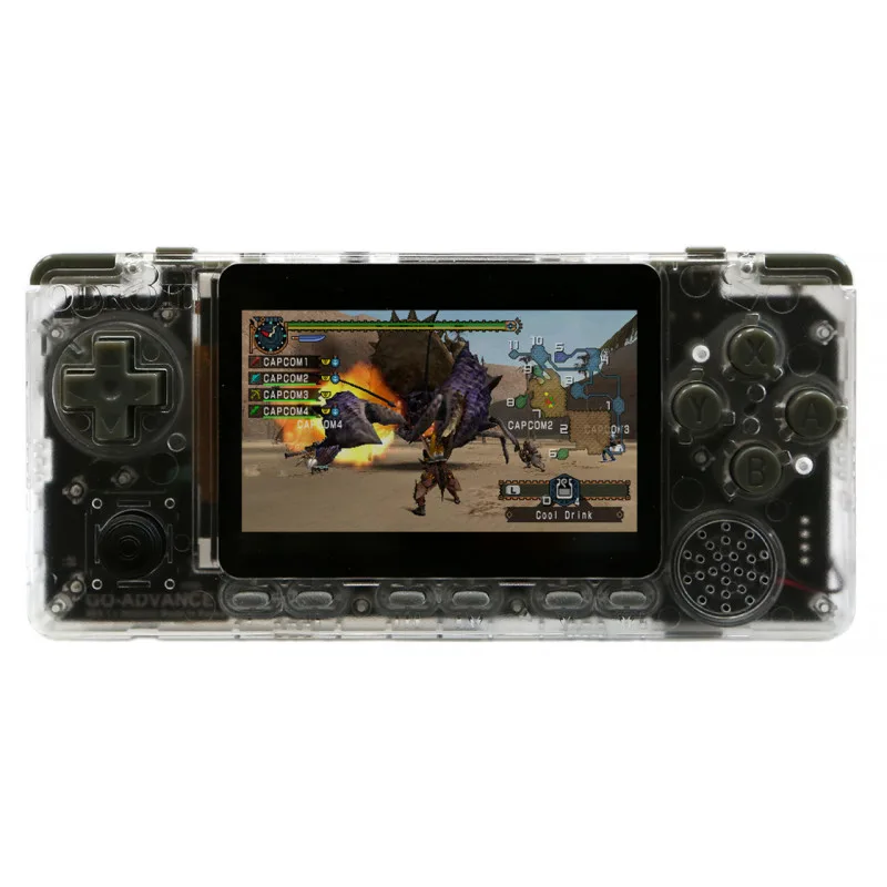 Průhledná kapesní konzole ODROID-GO Advance V2 s hrou na displeji