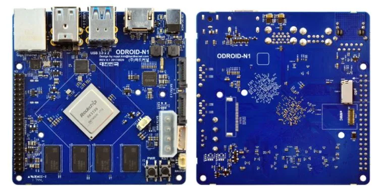 Přední a zadní strana jednodeskového počítače Odroid-N1