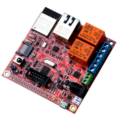 Červená vývojová deska Olimex ESP32-EVB s relé, ethernetovým konektorem a svorkovnicemi