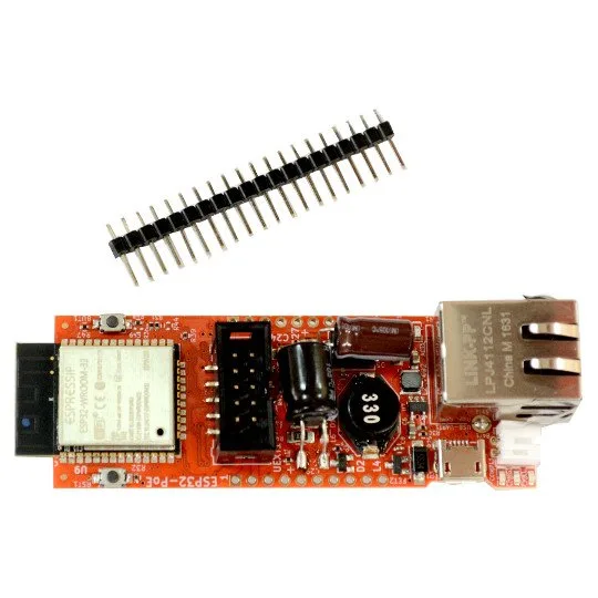 Vývojová deska Olimex ESP32-PoE s vyjmutou lištou pinů