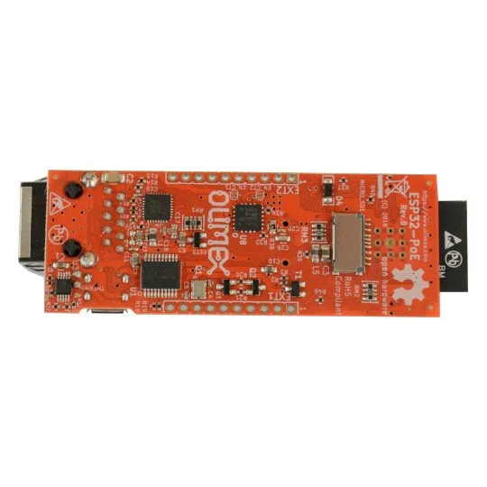 Vývojová deska Olimex ESP32-PoE s čipy, konektory a obvody pro napájení PoE