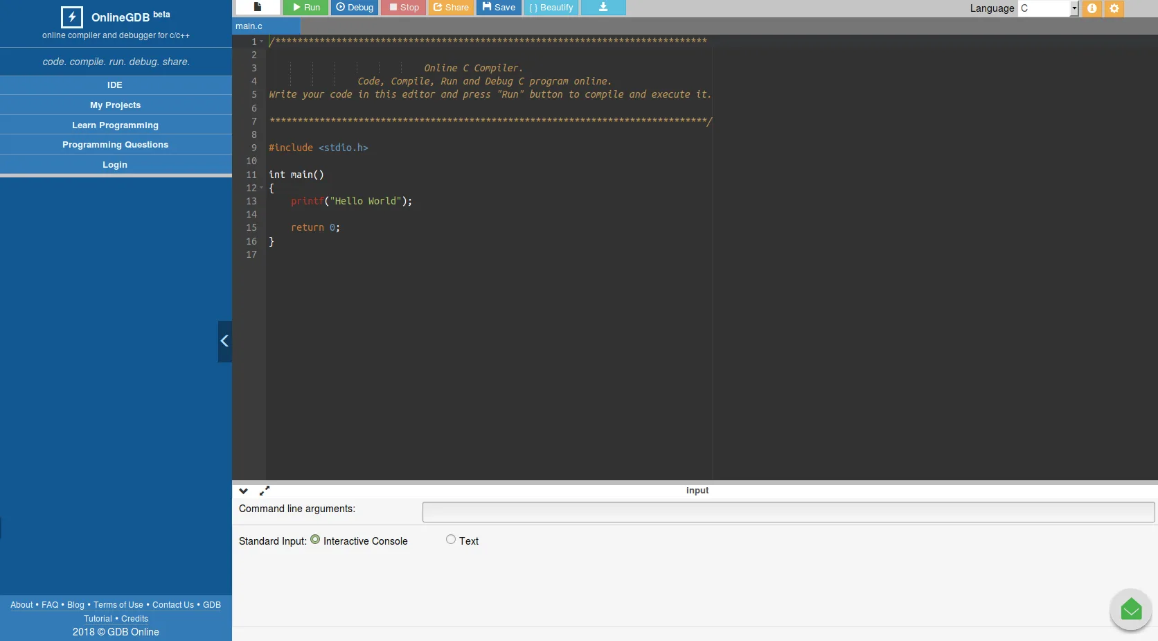 Rozhraní OnlineGDB s editorem kódu C a tlačítky Run, Debug a Stop