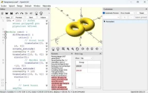 OpenSCAD zobrazuje žlutý 3D model spojených kruhových součástí a kód