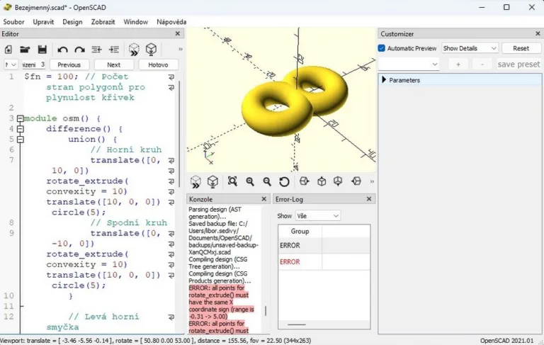 OpenSCAD zobrazuje žlutý 3D model spojených kruhových součástí a kód