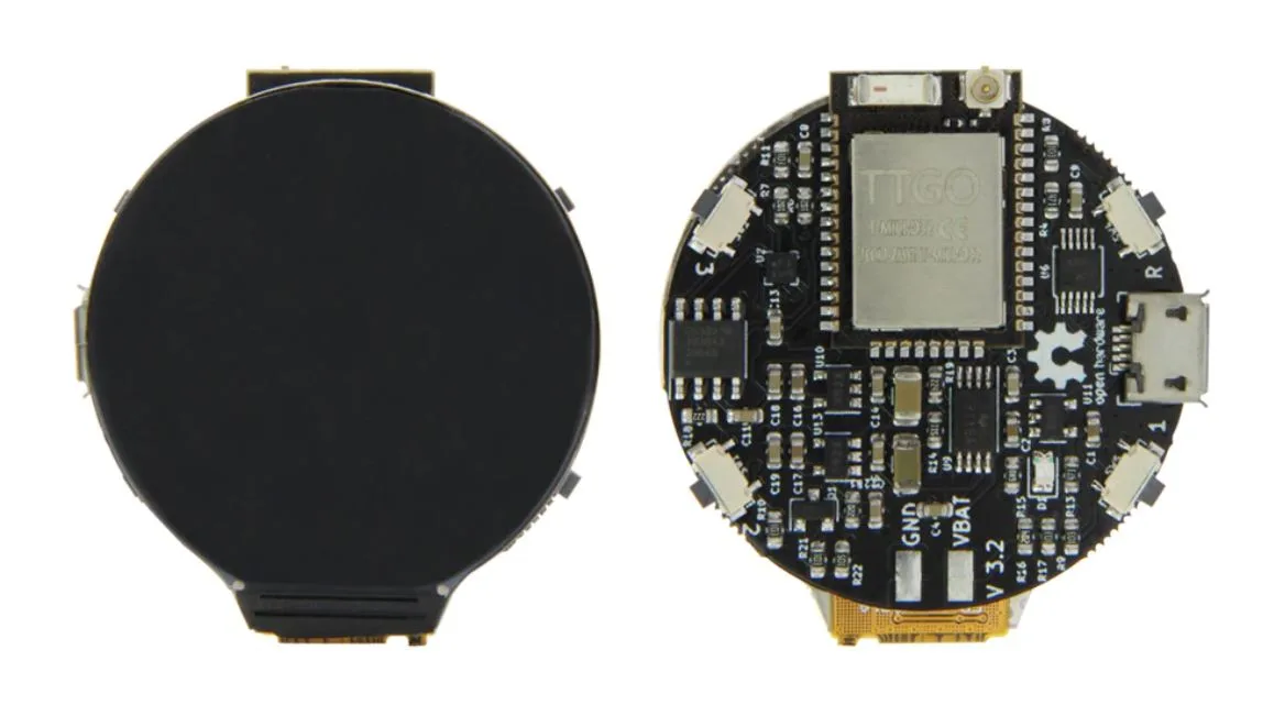 Přední a zadní strana kulatých hodinek Open Smart Watch s deskou ESP32