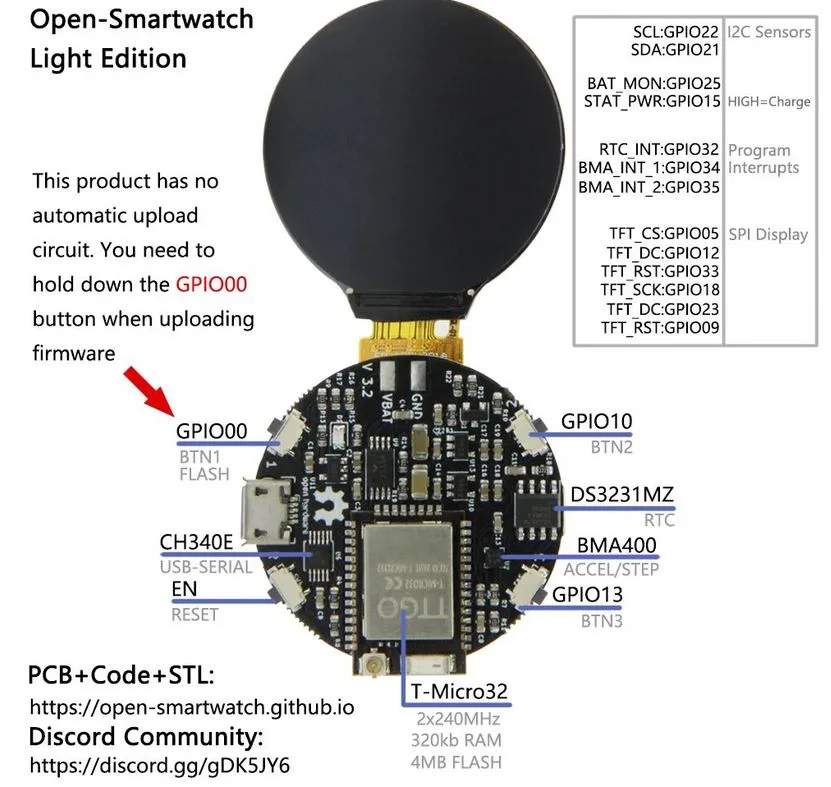Schéma hodinek Open-Smartwatch Light Edition s popisem součástek a pinů