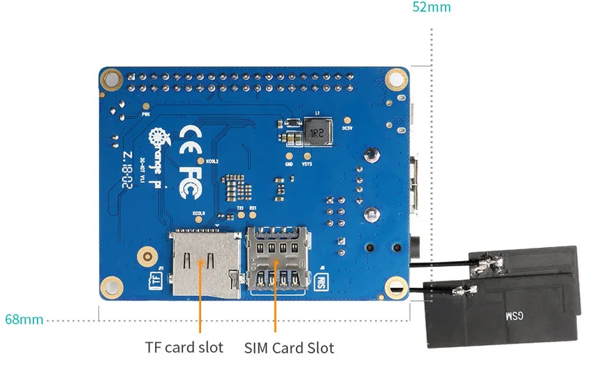 Modrá deska Orange Pi 3G-IoT s označenými sloty microSD a SIM