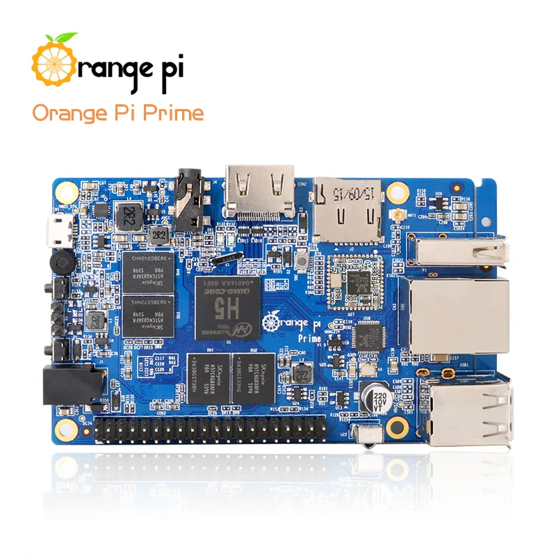 Modrá vývojová deska Orange Pi Prime s konektory a slotem microSD