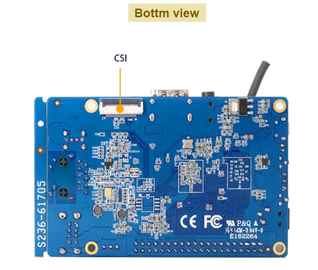 Spodní strana desky Orange Pi Prime s vyznačeným konektorem CSI