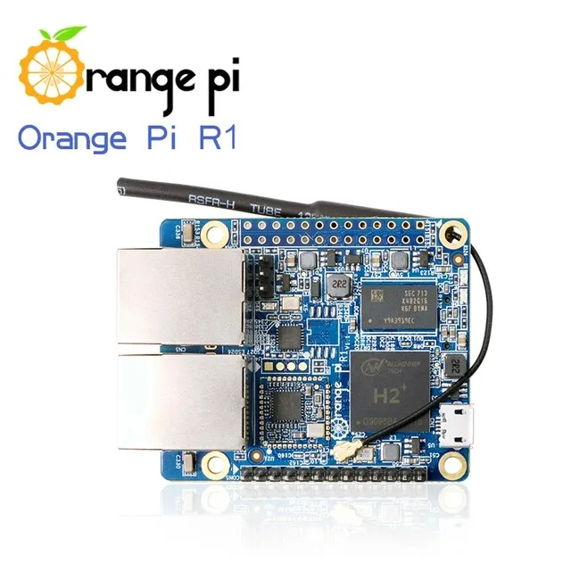Horní strana desky Orange Pi R1 se dvěma ethernetovými konektory