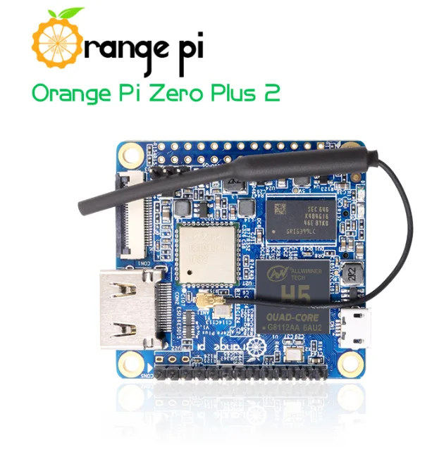 Modul Orange Pi Zero Plus 2 H5 s připojenou Wi-Fi anténou